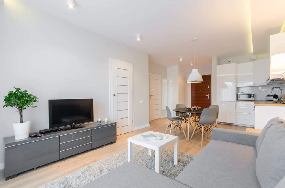 Spacious living room with a corner sofa bed, TV and kitchenette.
