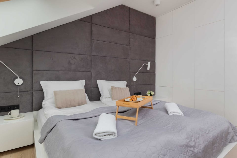 Stylish bedroom with a closet.