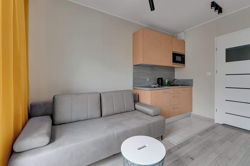 Another angle of the kitchenette showcases its integration with the living area, with light wood cabinetry and a sleek gray backsplash. The space is both functional and visually appealing.