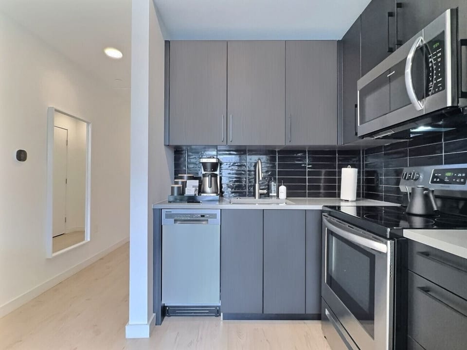 Fully equipped modern kitchen featuring stainless appliances in a furnished apartment.