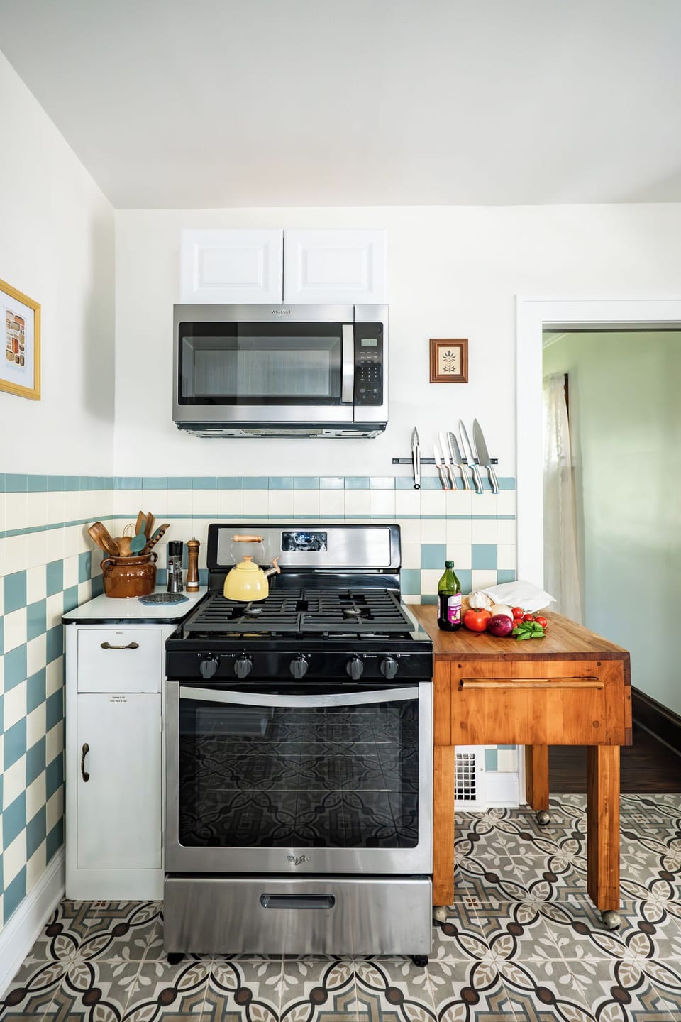 The butcher block on casters is the most versatile piece in the room! 
