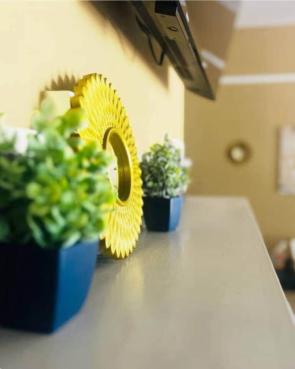A touch of charm and color!  This bright and cheerful shelf display adds personality to the space with pops of yellow and lush green plants. A cozy, inviting vibe you’ll feel as soon as you walk in.
