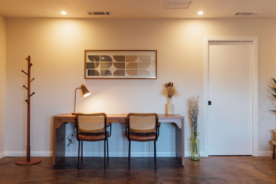 Dedicated workspace with natural tones and calming decor.