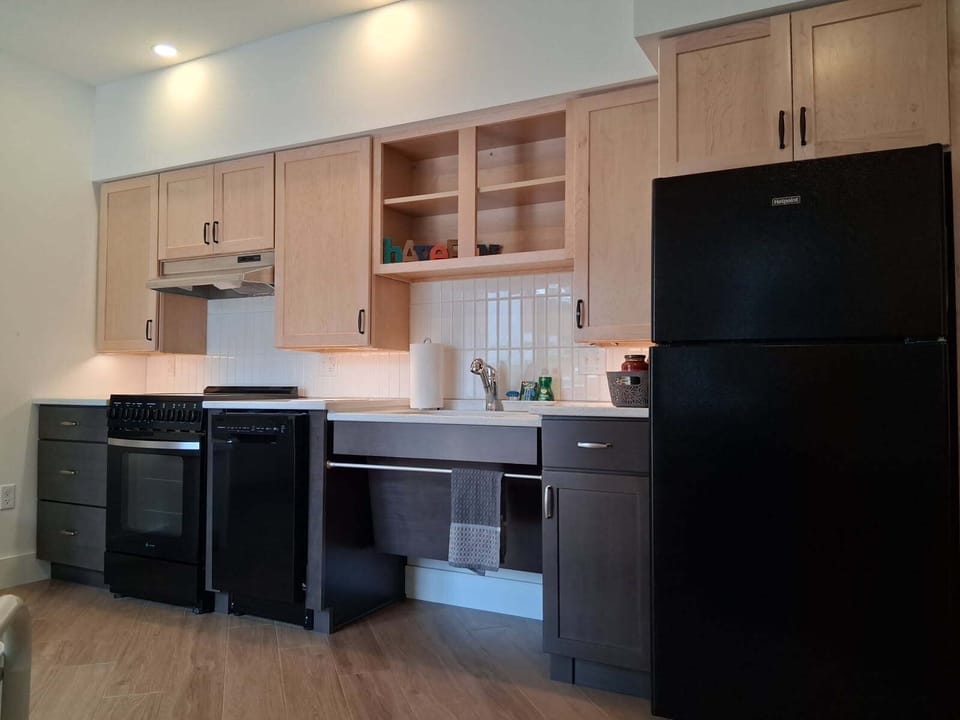 Barrier-free kitchen with refrigerator, dishwasher, and electric stove