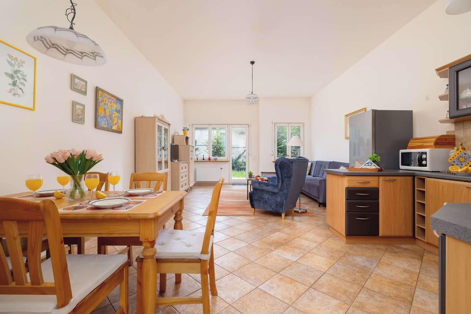 Spacious living room with a sofa bed, TV, kitchenette and access to the terrace.