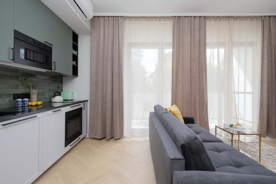 View of the living space showing both the couch and dining area.