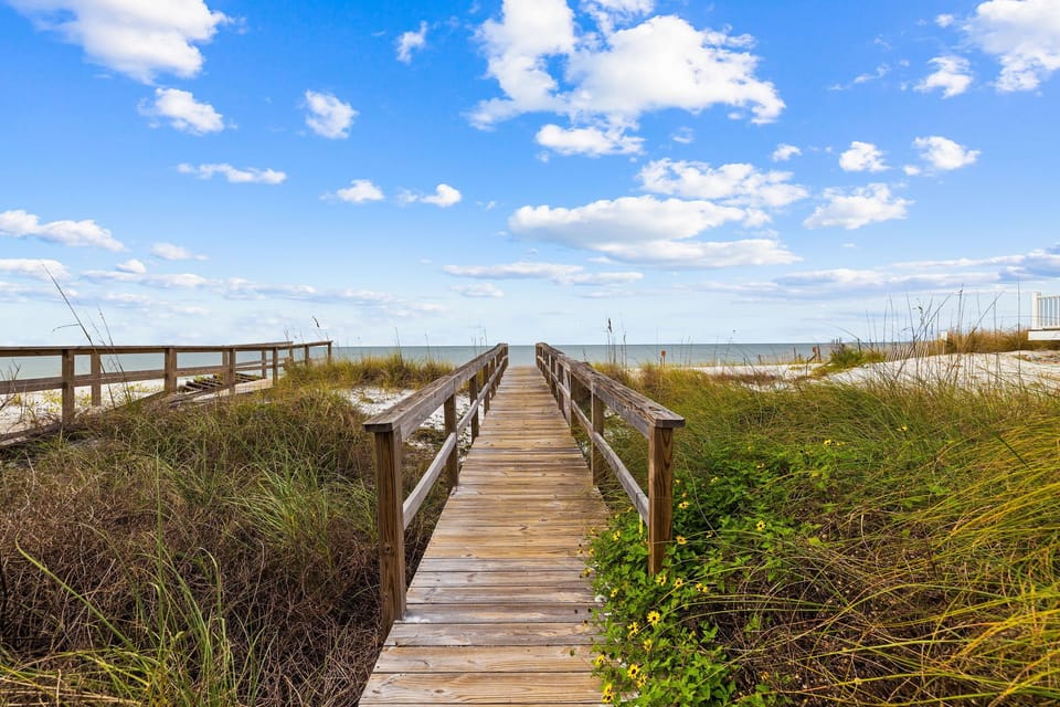 Wooden boardwalk leads through coastal dunes to pristine beach access under expansive blue skies.