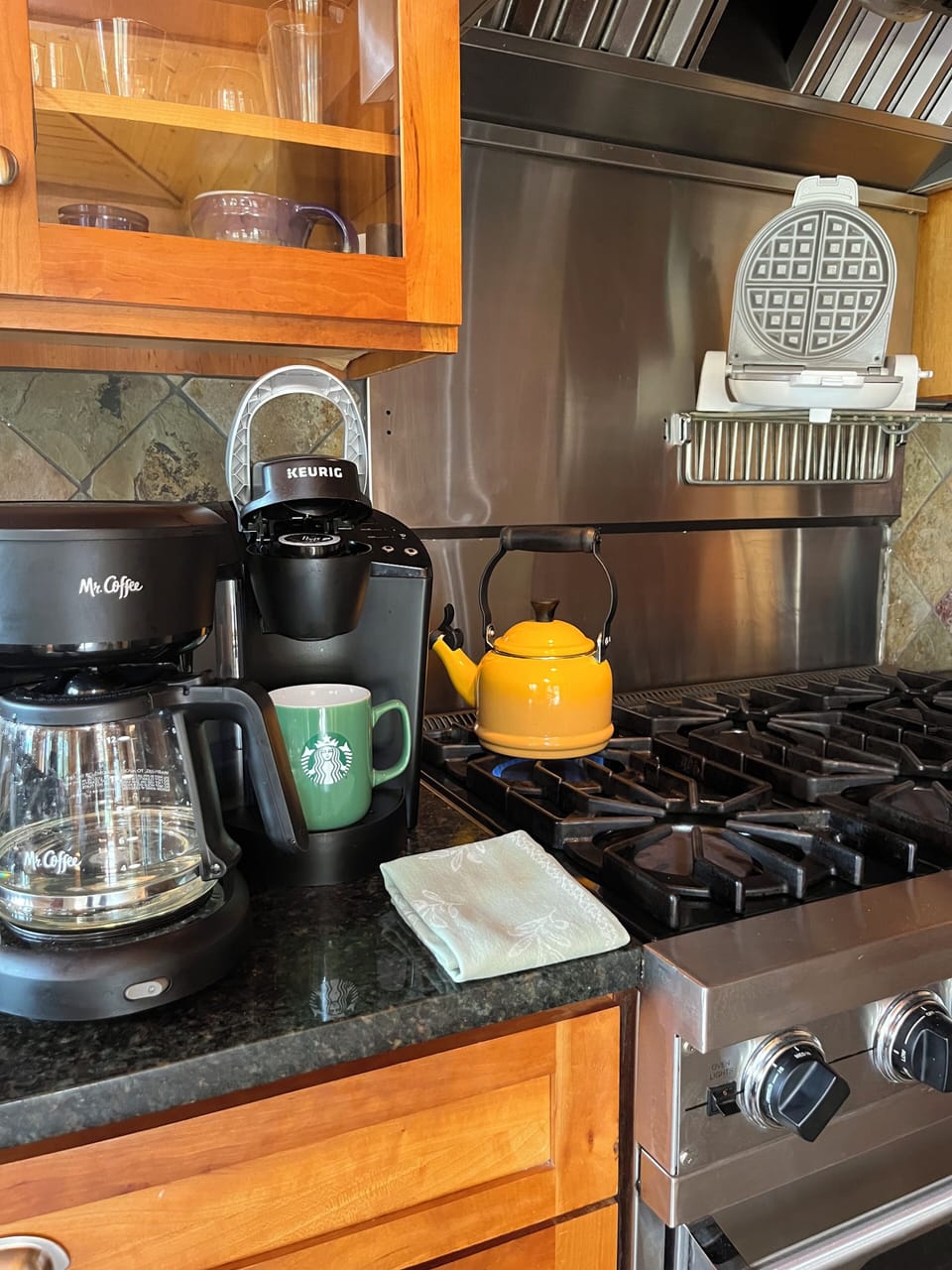 6-top Viking gas stove/oven; K-cup & Drip; Waffle maker; 2 microwaves; toaster