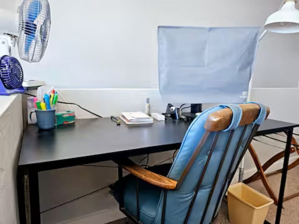 Work area with HMDI Cabel to plug into large monitor.