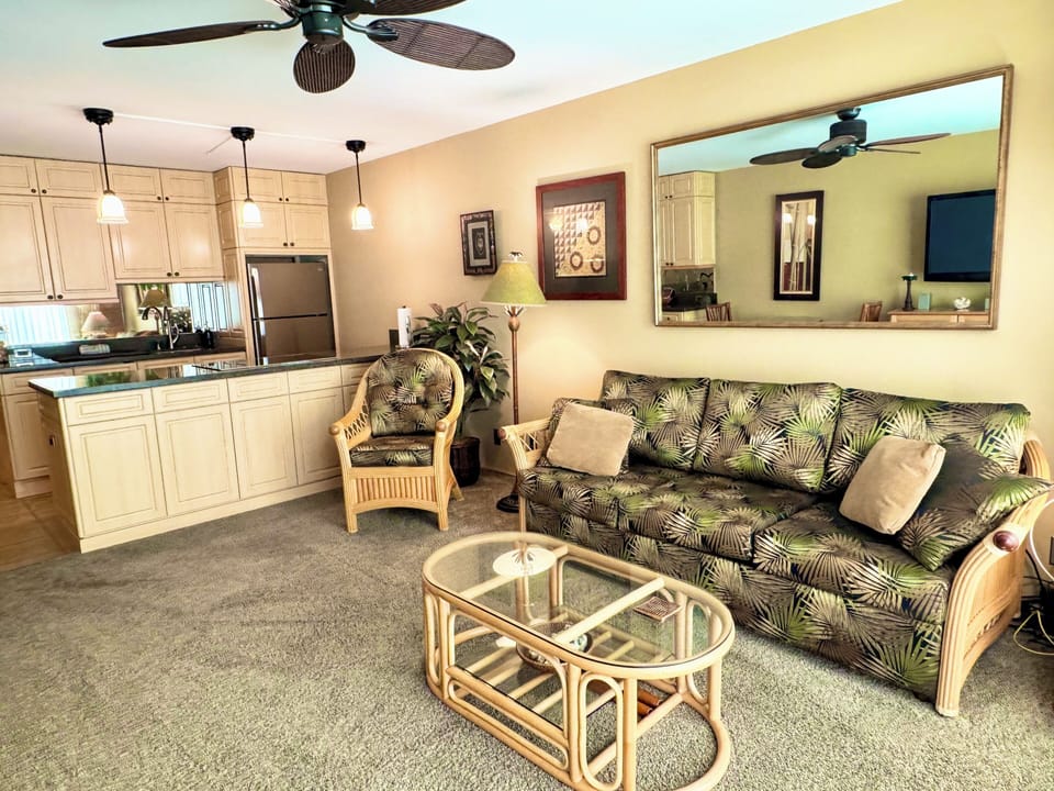 Living room with queen-size fold-out sofa (sleeps 2).