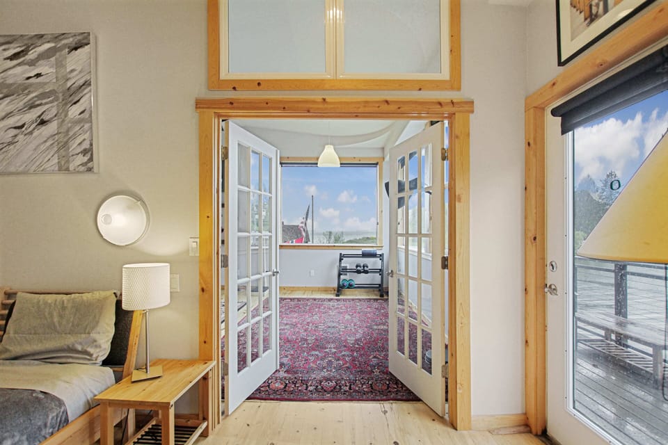 These doors now have blinds for added privacy in case of extra guests on the pull out couch