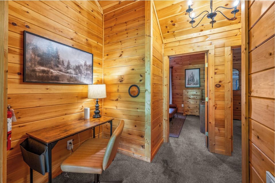 The top floor features a desk and chair if you need to work remotely. 