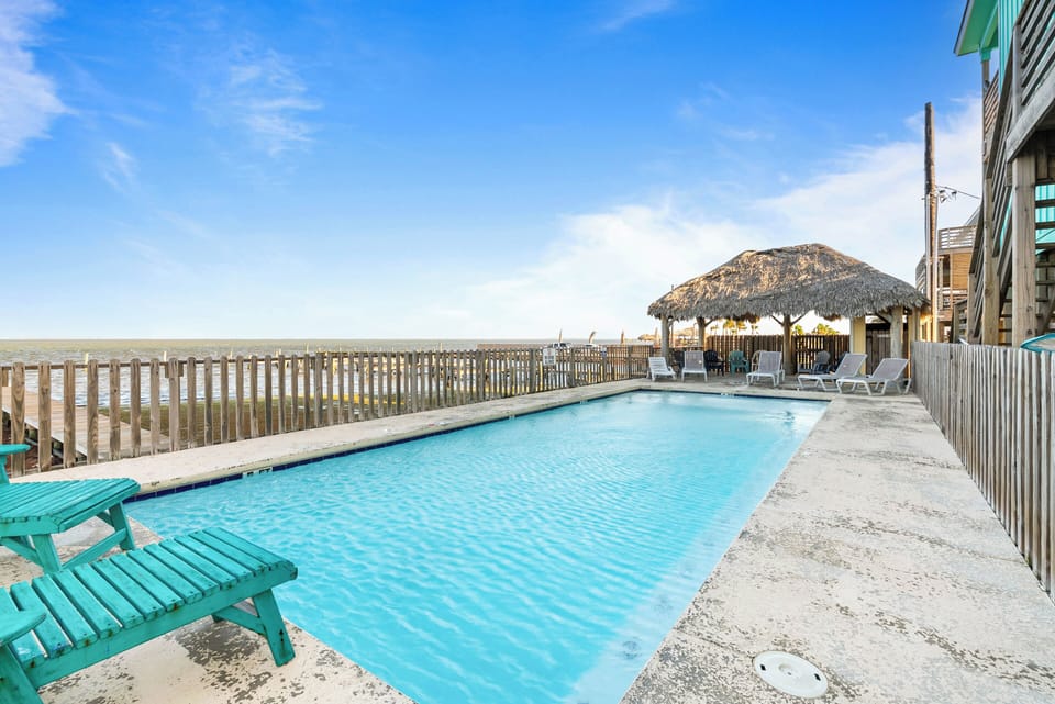 Communal pool with tropical vibes and shaded lounge.