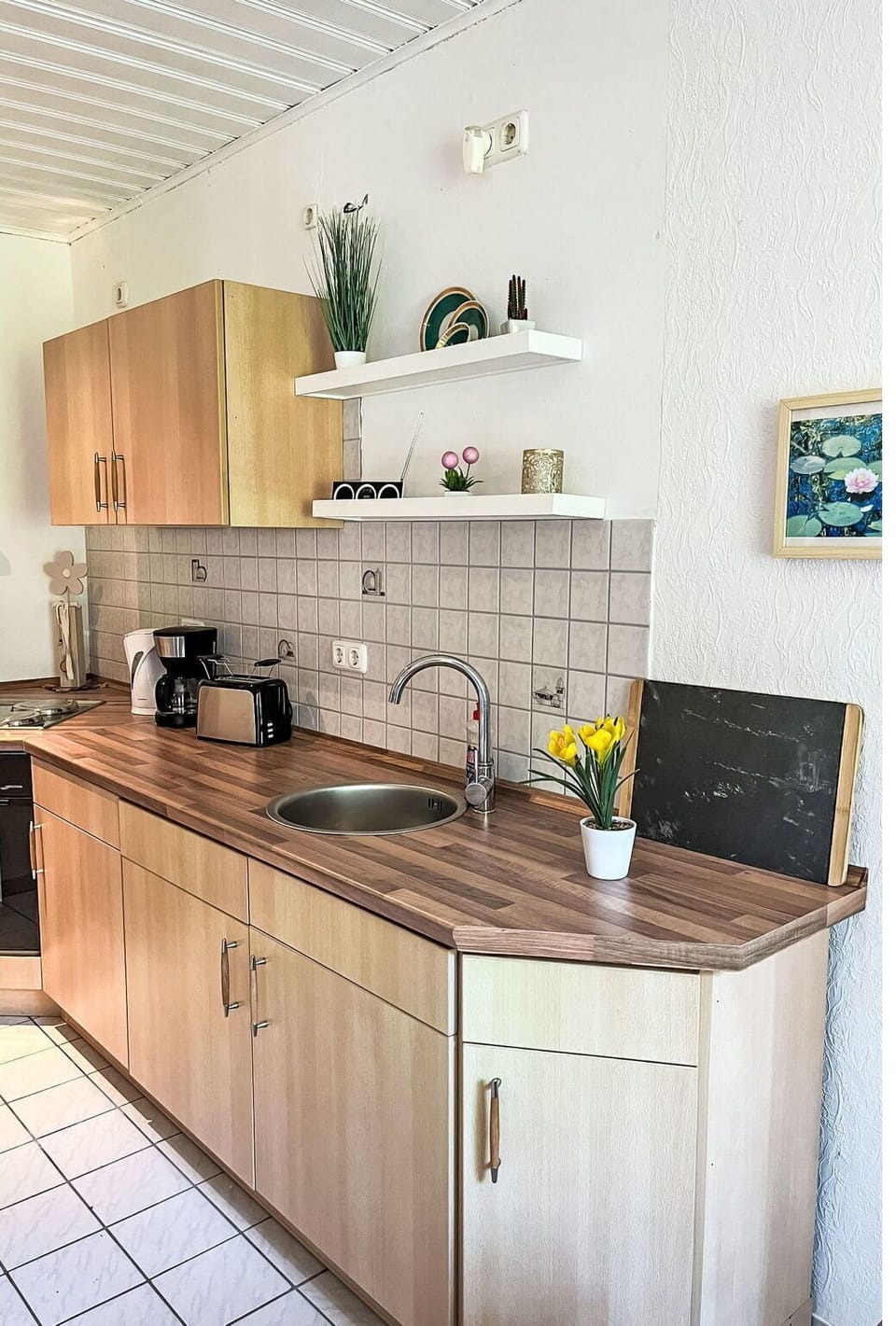 Countertop, Kitchen, Flooring, Wood, Kitchen Appliance, Furniture, Interior Design, Cabinetry, Plumbing Fixture, Sink