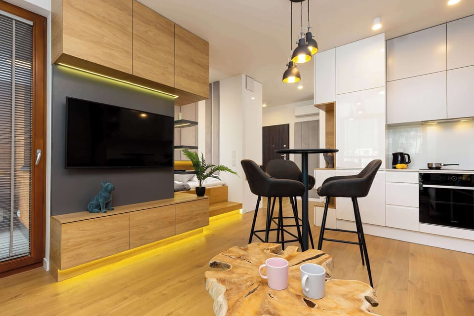Modern TV and dining table.