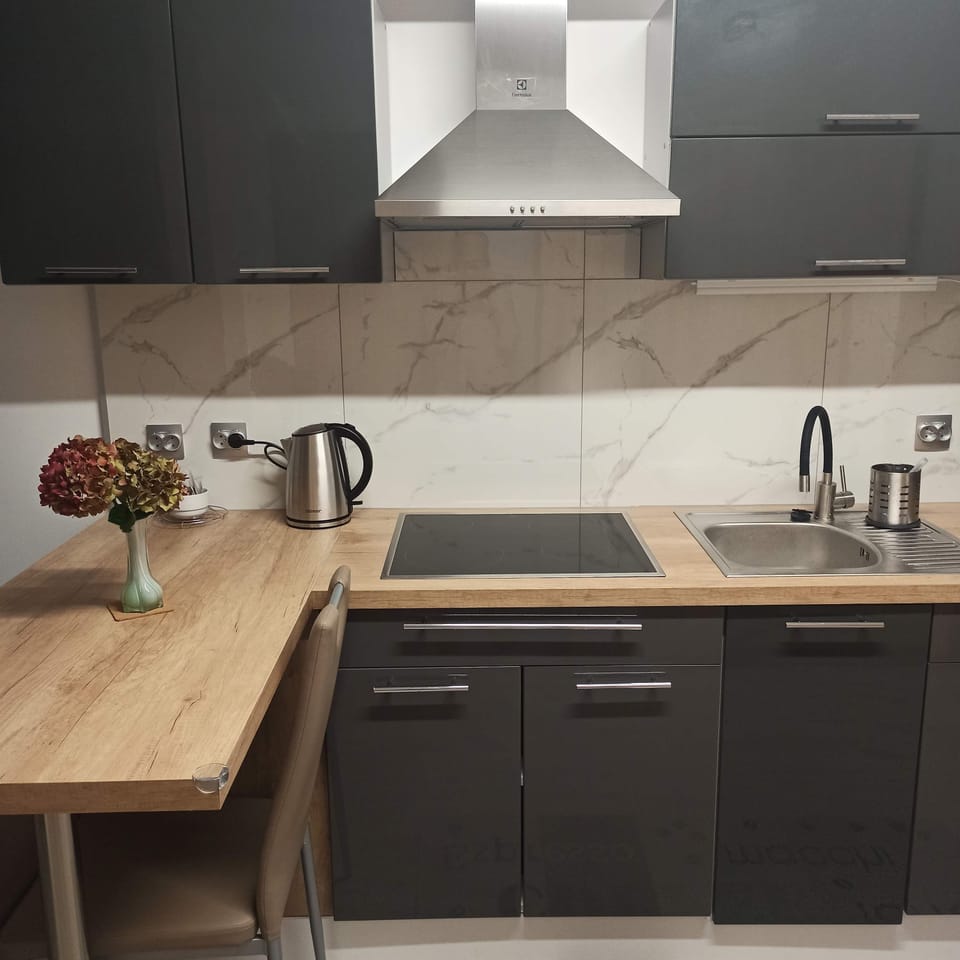 Kitchenette with electric kettle and refrigerator