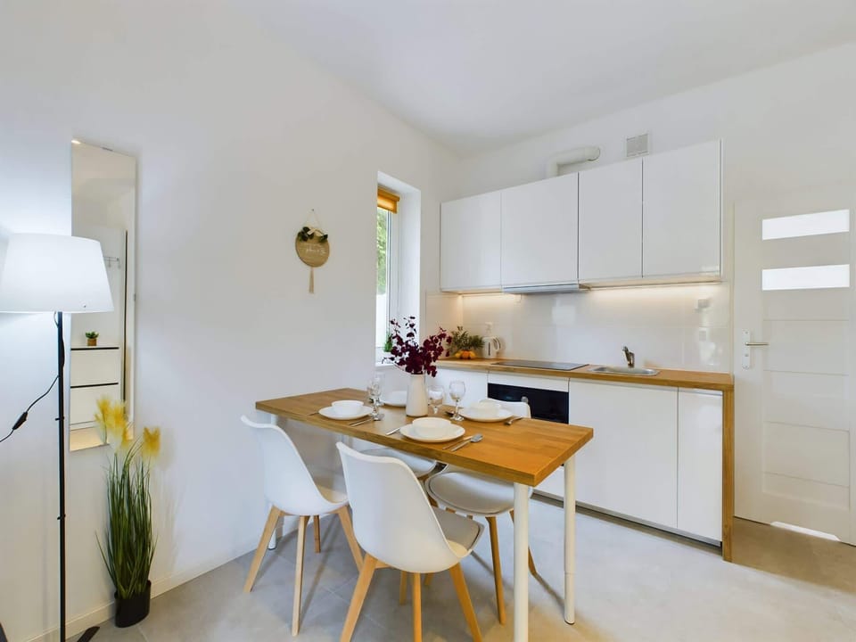 Fully equipped kitchenette with kettle, oven and induction hob.