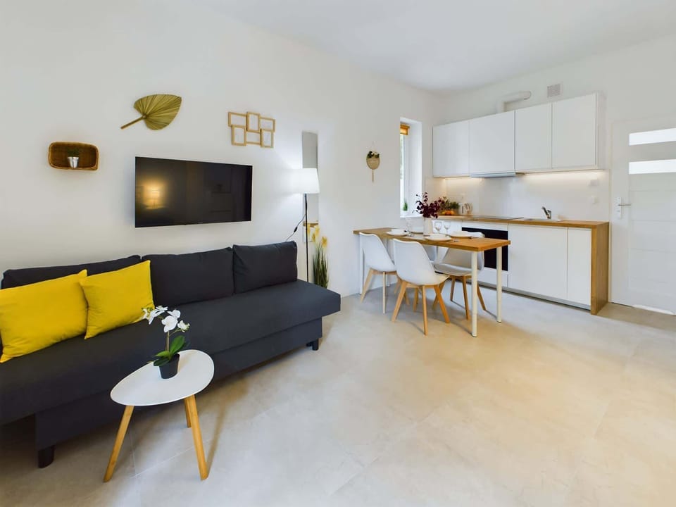 Bright living room with a comfortable sofa and a fully equipped kitchenette.