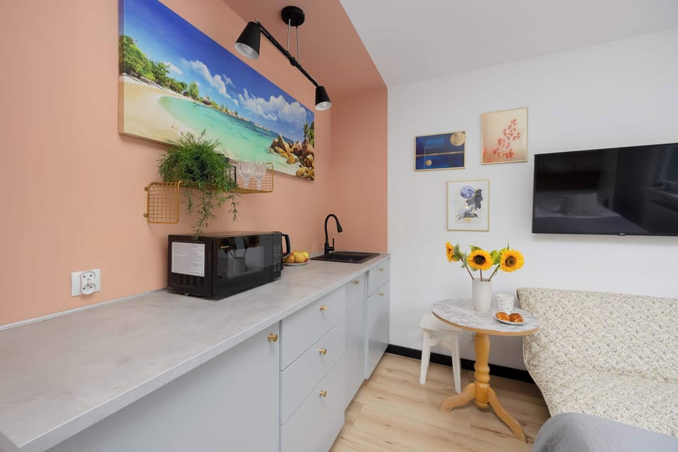 Modern kitchenette with grey furniture, dishwasher and microwave. A painting with a seaside landscape hangs on the wall.