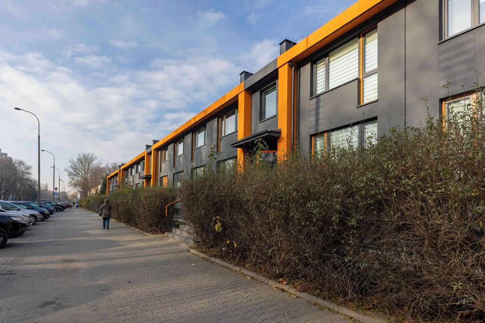 A view of the modern building in which the flat is located.