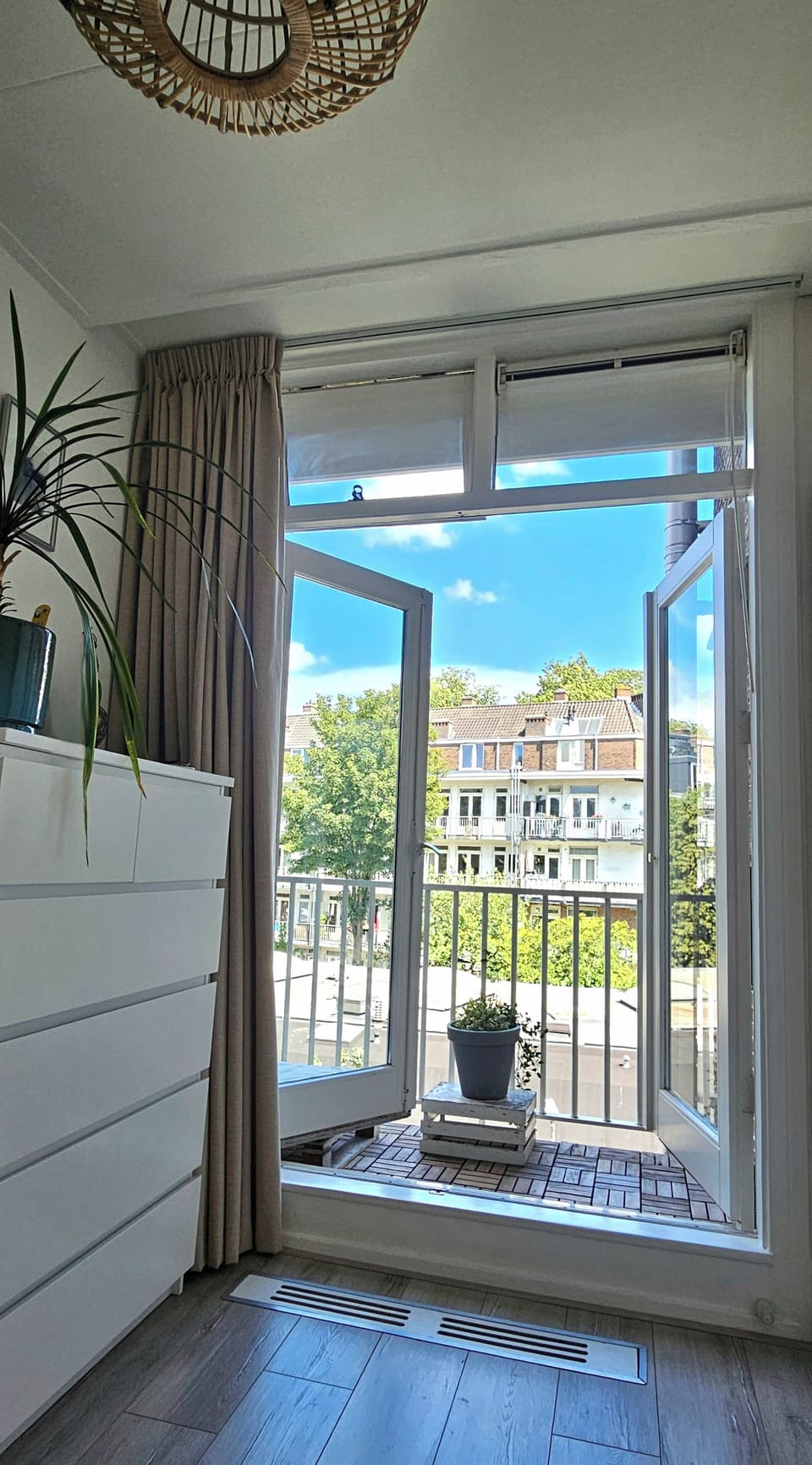 French doors in bedroom.It's very calm here and there are black out curtains.
