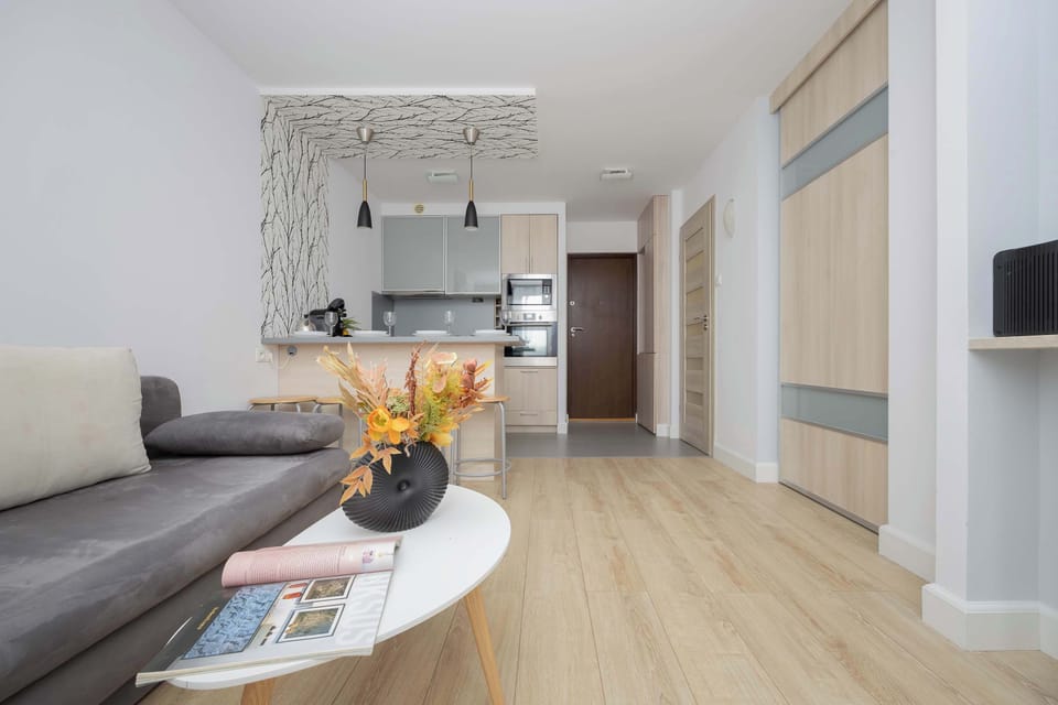 Living room with a sofa bed, TV, dining area and kitchenette.