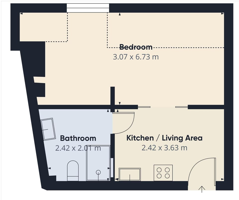 A floor plan of the apartment, showing the layout of the rooms. It includes labeled spaces like living, bedroom, and bathroom areas for easy reference.