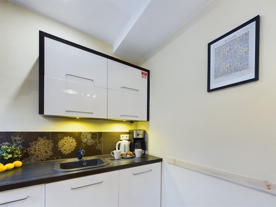 A space-saving kitchen with built-in appliances, ample storage, and clean lines, ideal for studio living.