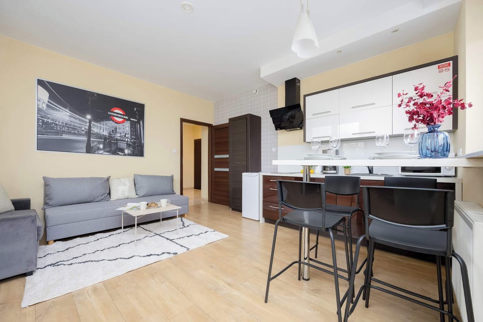 A wide shot showing the living room with the gray sofa and the adjacent modern kitchen. The space is open and well-organized.