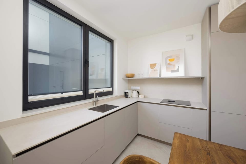 Fully equipped kitchenette with necessary appliances and accessories such as dishwasher, microwave, induction hob.