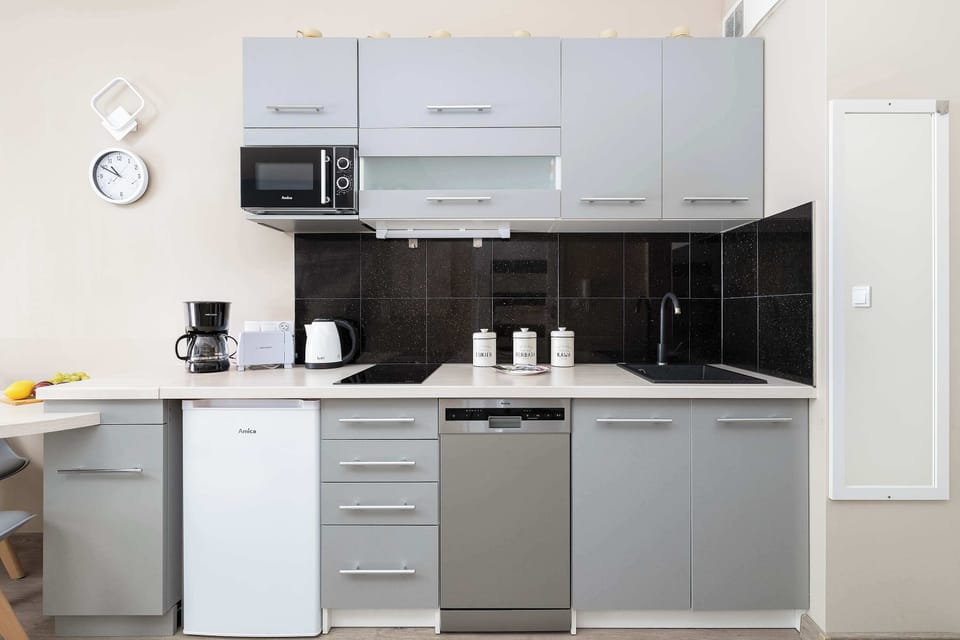 An open-plan kitchenette and living area. The kitchen is equipped with modern gray cabinets and black tile backsplash. The living room has a similar sofa and décor.