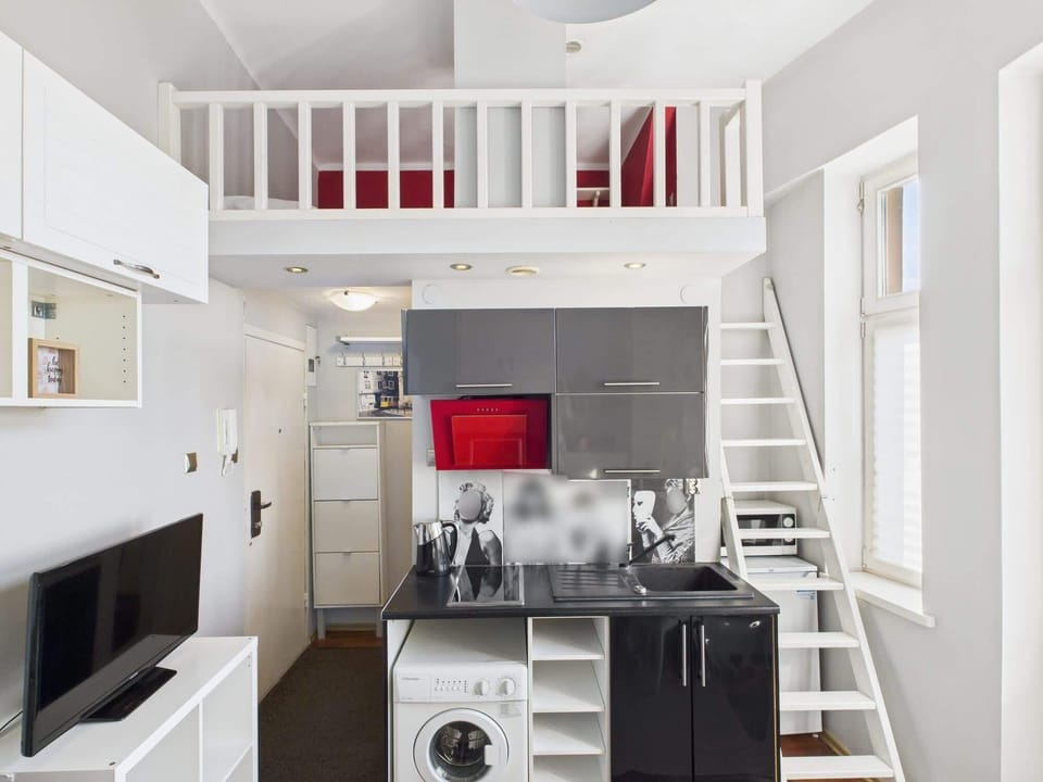 Kitchen with black cabinets, a red accent, and a ladder leading to the sleeping mezzanine.