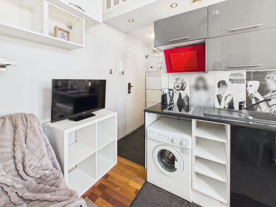 Kitchen with black cabinets, a red accent, and a ladder leading to the sleeping mezzanine.