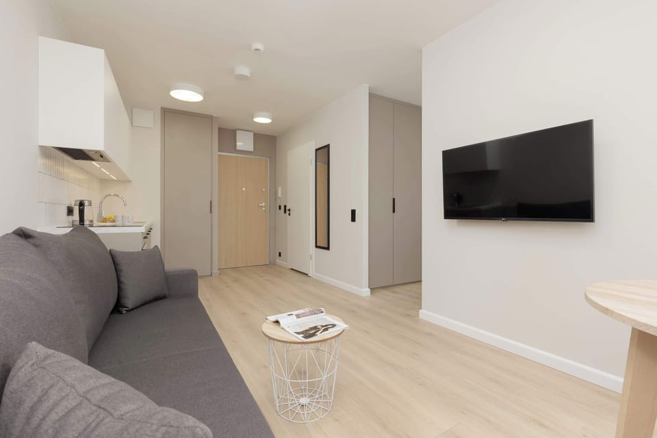 Living room with a double sofa bed, TV and fully equipped kitchenette.