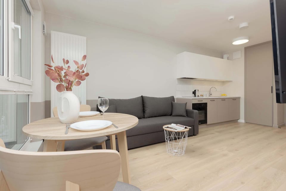 Living room with a double sofa bed, TV and fully equipped kitchenette.