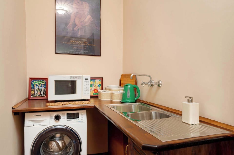 In the apartment there is a place where you can heat your meal in the microwave oven and wash the dishes. And also do laundry.