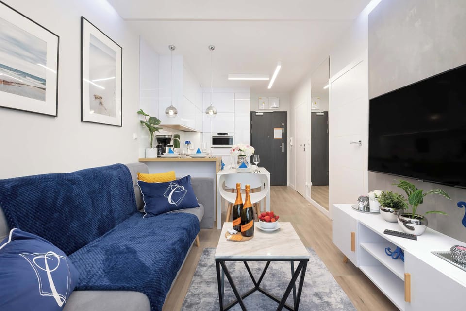 Living room with a comfortable sofa and TV. 