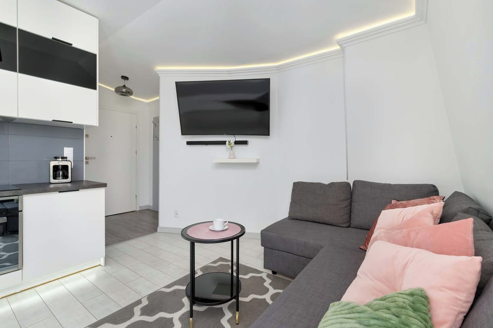 The living room features a gray sofa with pink pillows and a flat-screen TV.