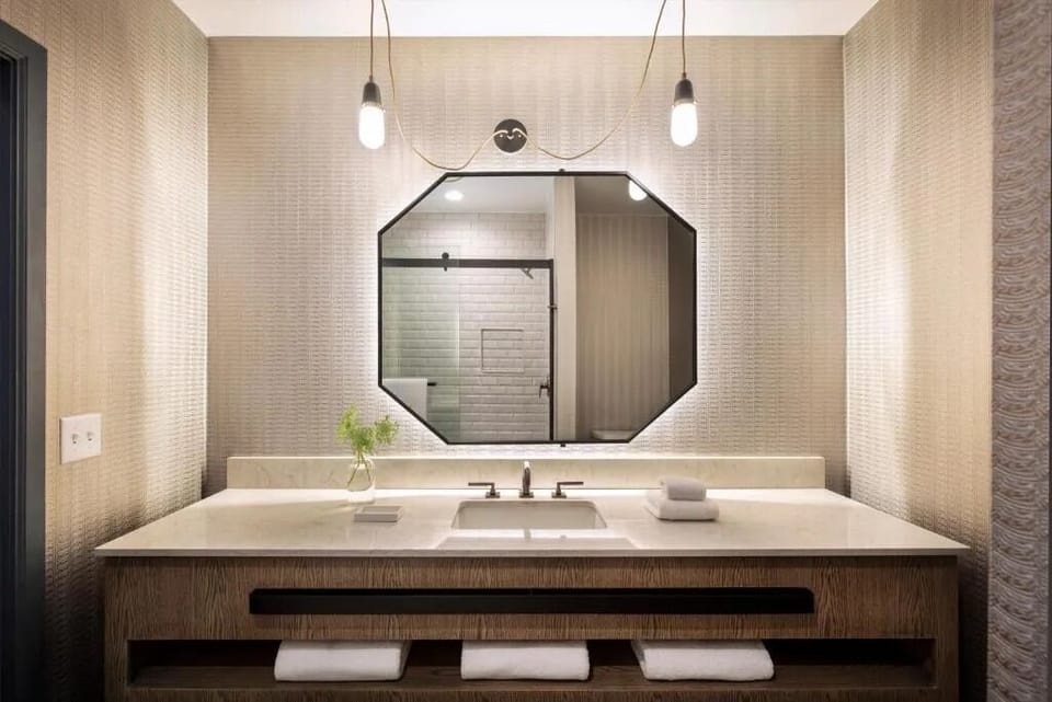 Start your morning calmly at this sleek double-sink vanity.