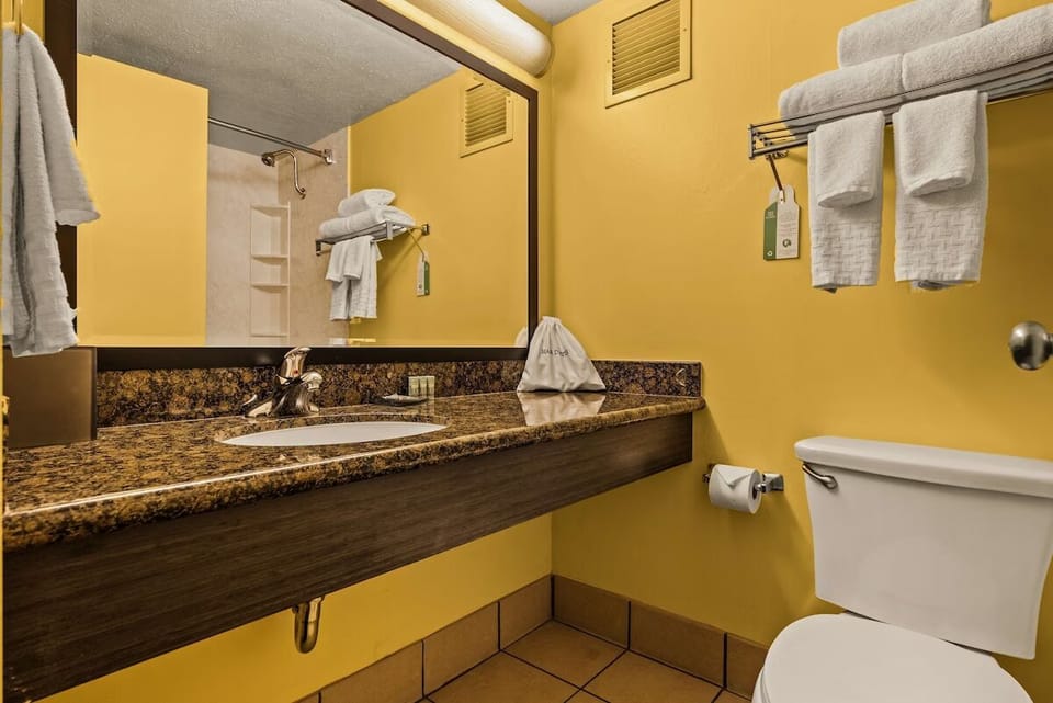 Spread out your essentials with generous counter space and towels.