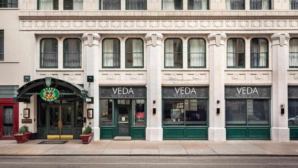 Arrive in style at this classic, city-center hotel facade.