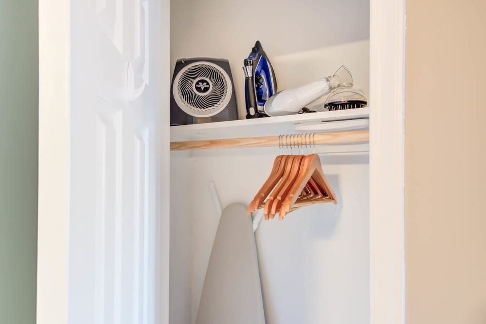 Stay fresh and ready for anything with your neatly stocked closet. With hangers, an iron, a hairdryer, and even a fan, you have everything you need to keep comfortable and put together during your Alexandria stay!