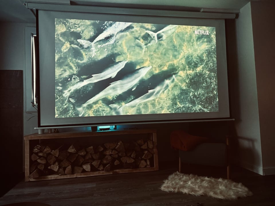This is the view from the Foster Leather Sectional couch when you lower the projector screen and turn on your favorite show. It feel like having the best sits in your own private cinema theater.   