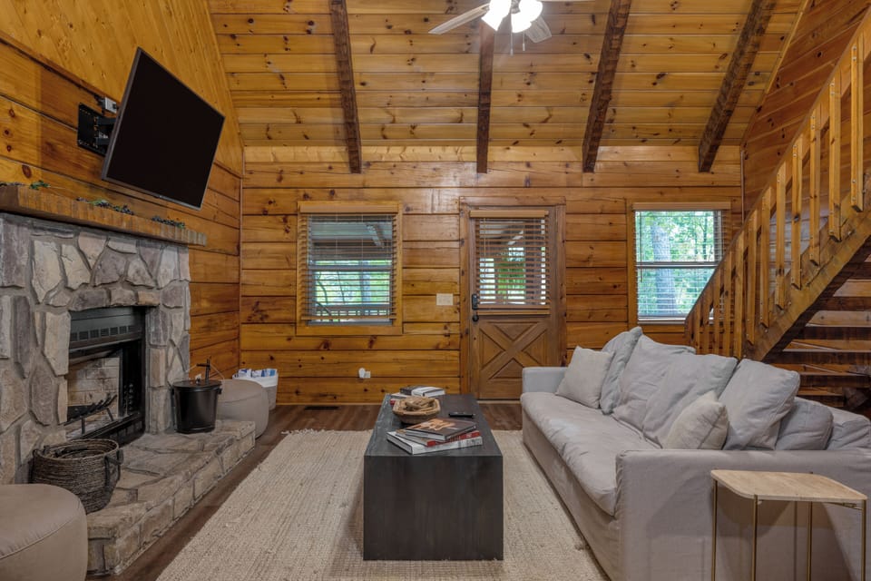 Living room features a fireplace and a TV. (Dudley I)