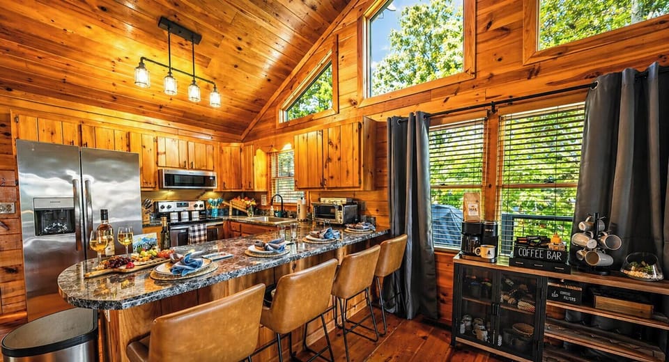 A full kitchen, coffee bar, and everyone finally at the table.