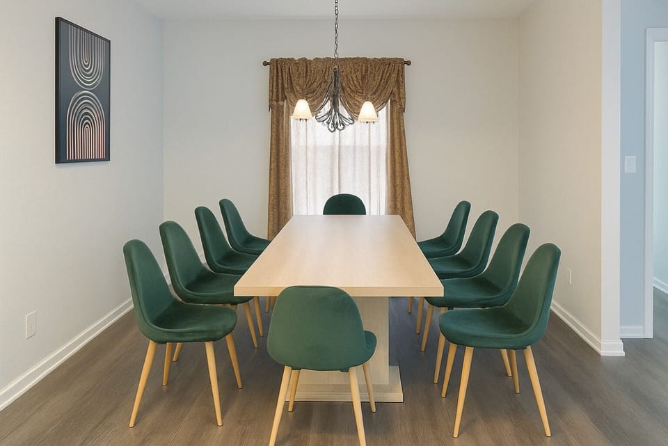 Gather around the spacious table with stylish seating for memorable meals!