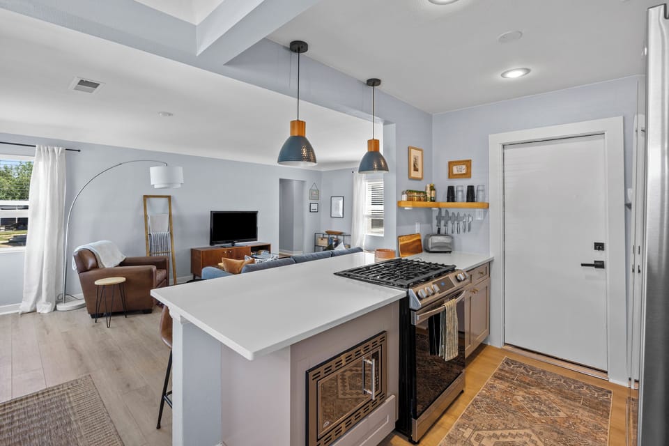 Modern kitchen with full-size appliances.