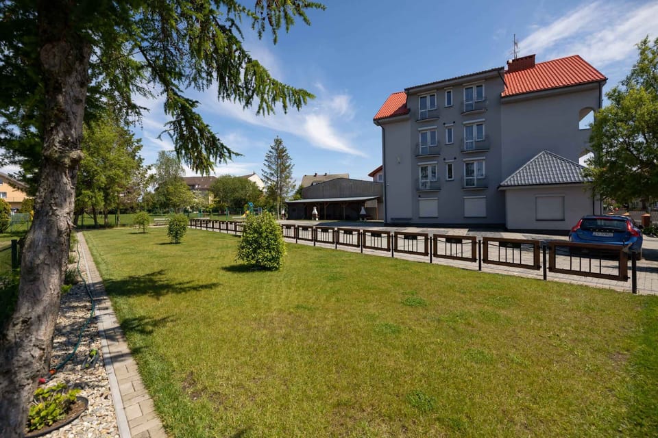 Modern building with space for children located next to the property.