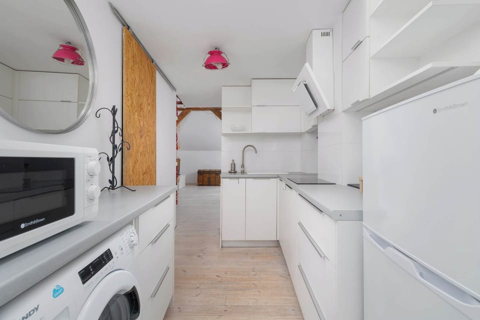 White and functional kitchen area with a microwave, a fridge, an induction hob, and a washing machine.