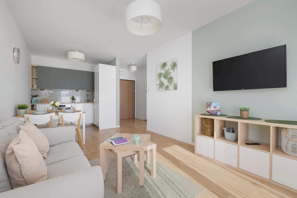 Another angle of the living room, with a gray sofa, white rug, and wooden TV console. The room has an open feel, with a large window letting in natural light.